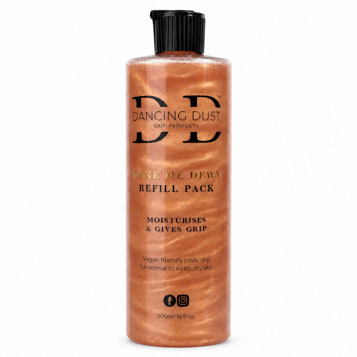 A bottle of Dancing Dust Make Me Dewy Refill Pack body grip, featuring a metallic Peach-rose liquid inside a clear bottle with a black cap, set against a plain white background.