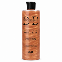 A bottle of Dancing Dust Make Me Dewy Refill Pack body grip, featuring a metallic Peach-rose liquid inside a clear bottle with a black cap, set against a plain white background.