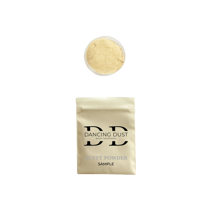 Dusting powder sample with packaging labeled 'Dancing Dust' on a white background
